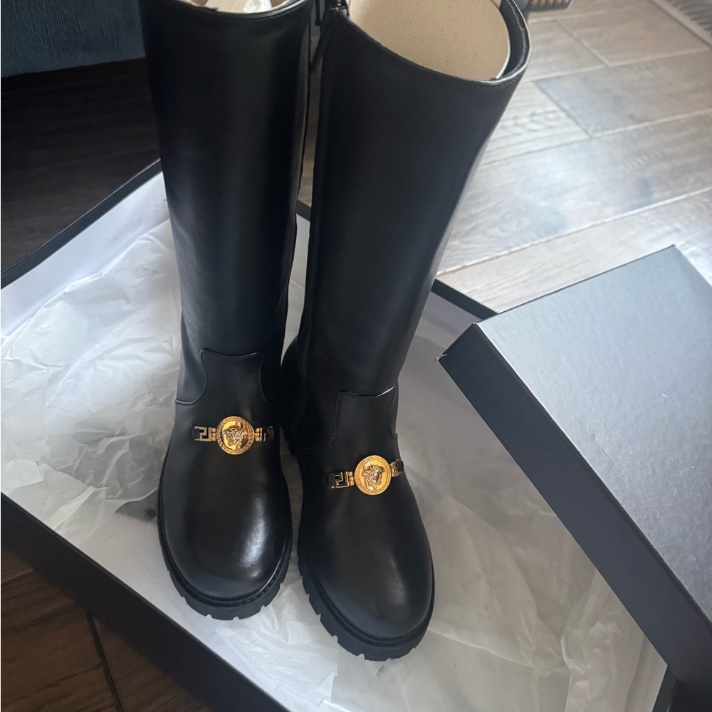 Versace Black and Gold Over the Knee Boots